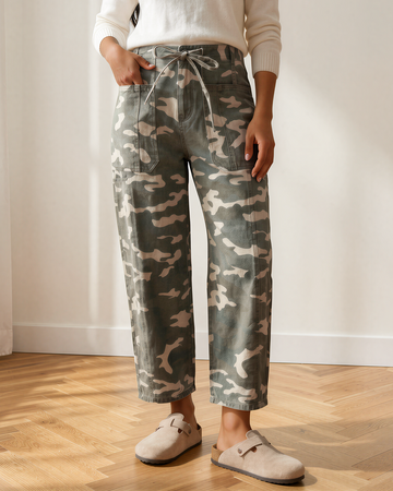 Collins Drawstring Elastic Waistband Pocketed Barrel Jeans in Khaki - Comfort Stretch (bottom)