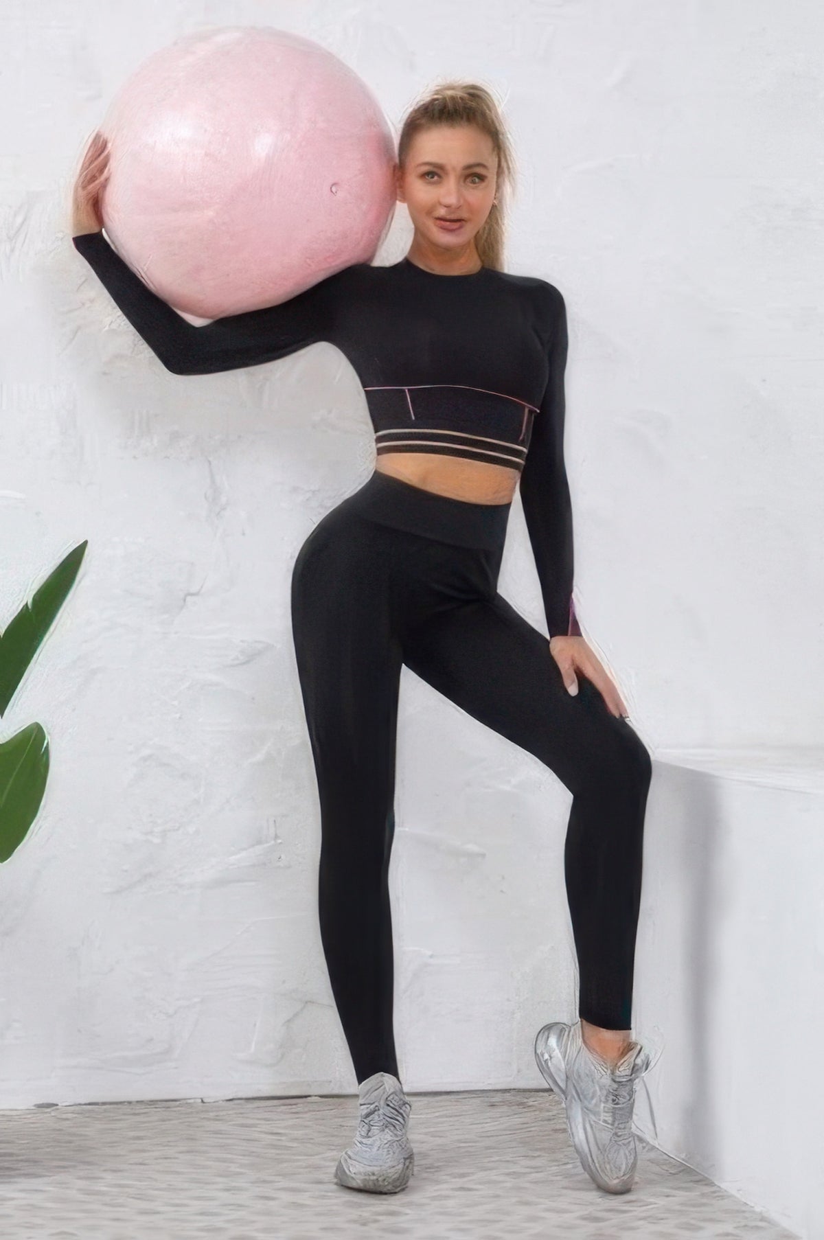 Color Block Two Piece Yoga Set in Black - Color Block Set Women (one-piece)