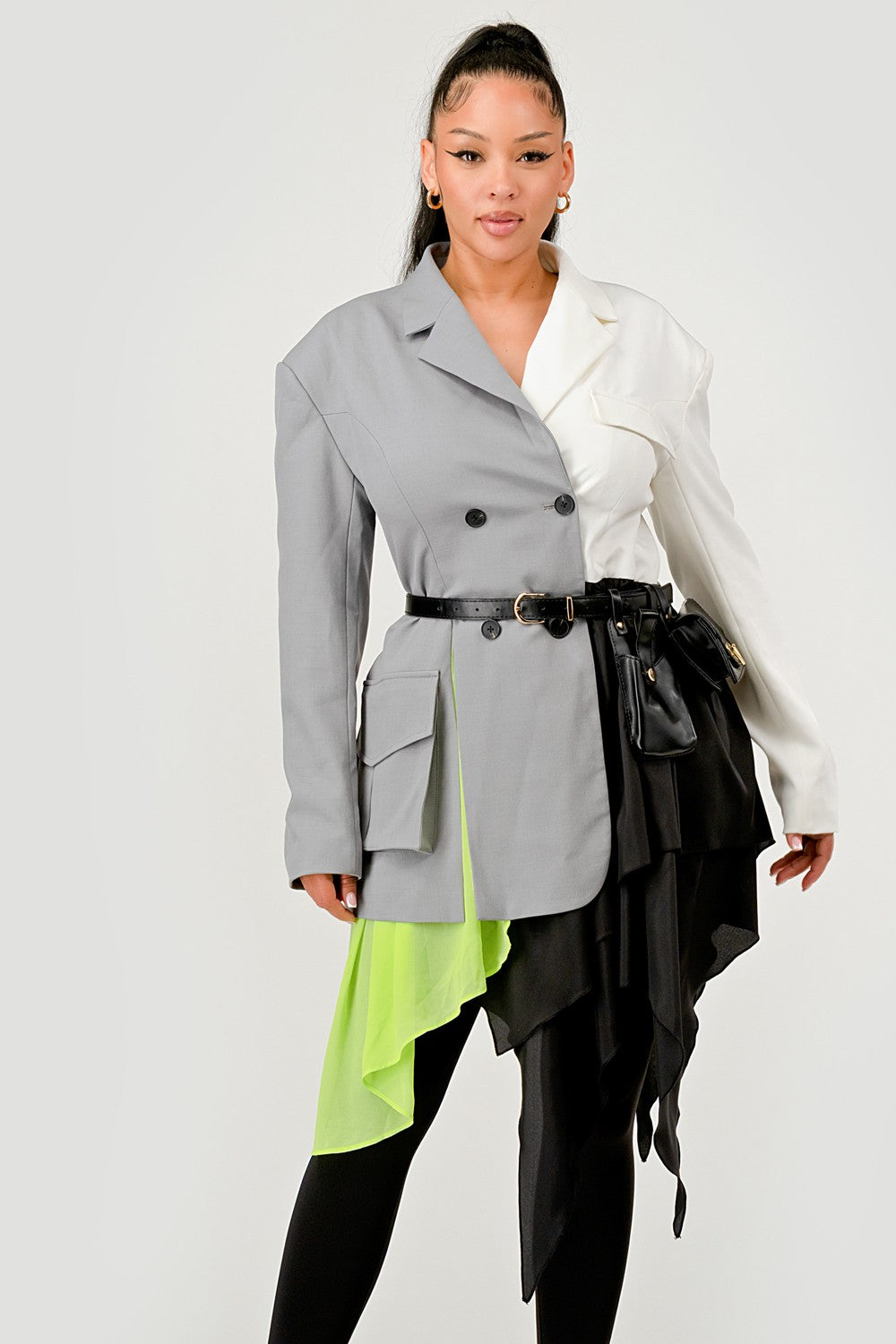 Colorblock Blazer with Layered Skirt Detail in Medium view 2 - Casual Office Outfit - Detail Blazer (dress)