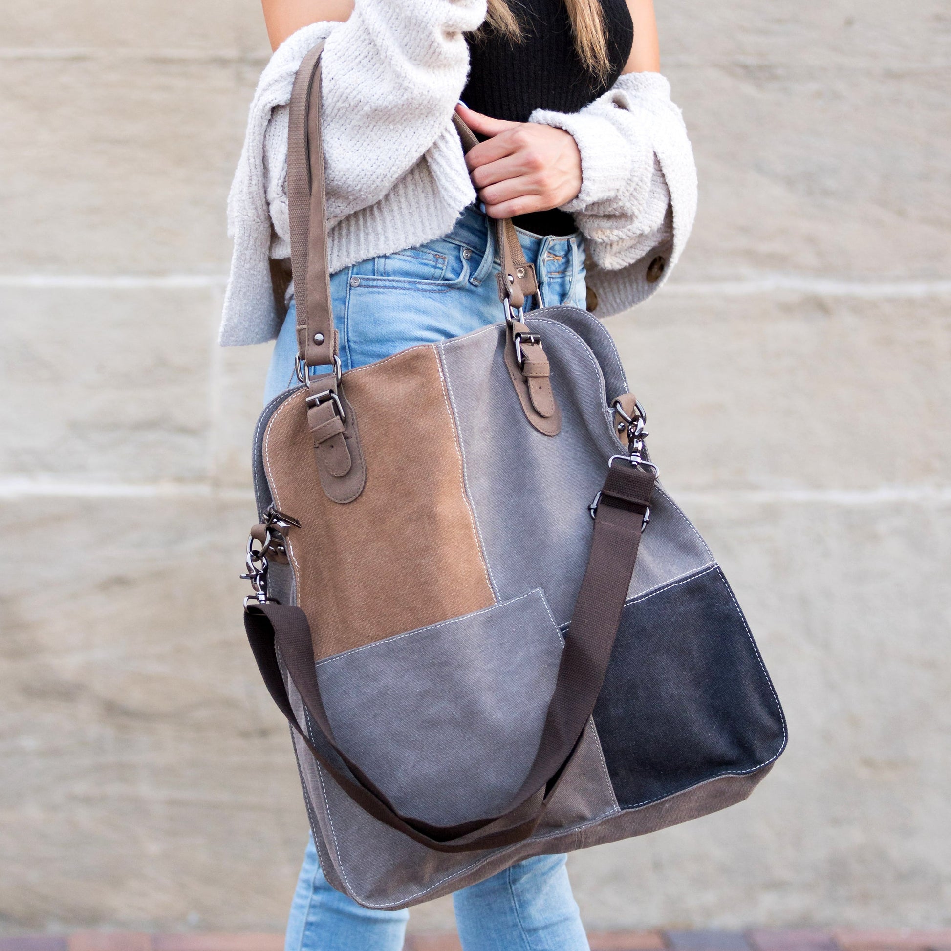 Colorblock Messenger Bag in Gray/Tan/Black - Colorblock Shoulder Bag