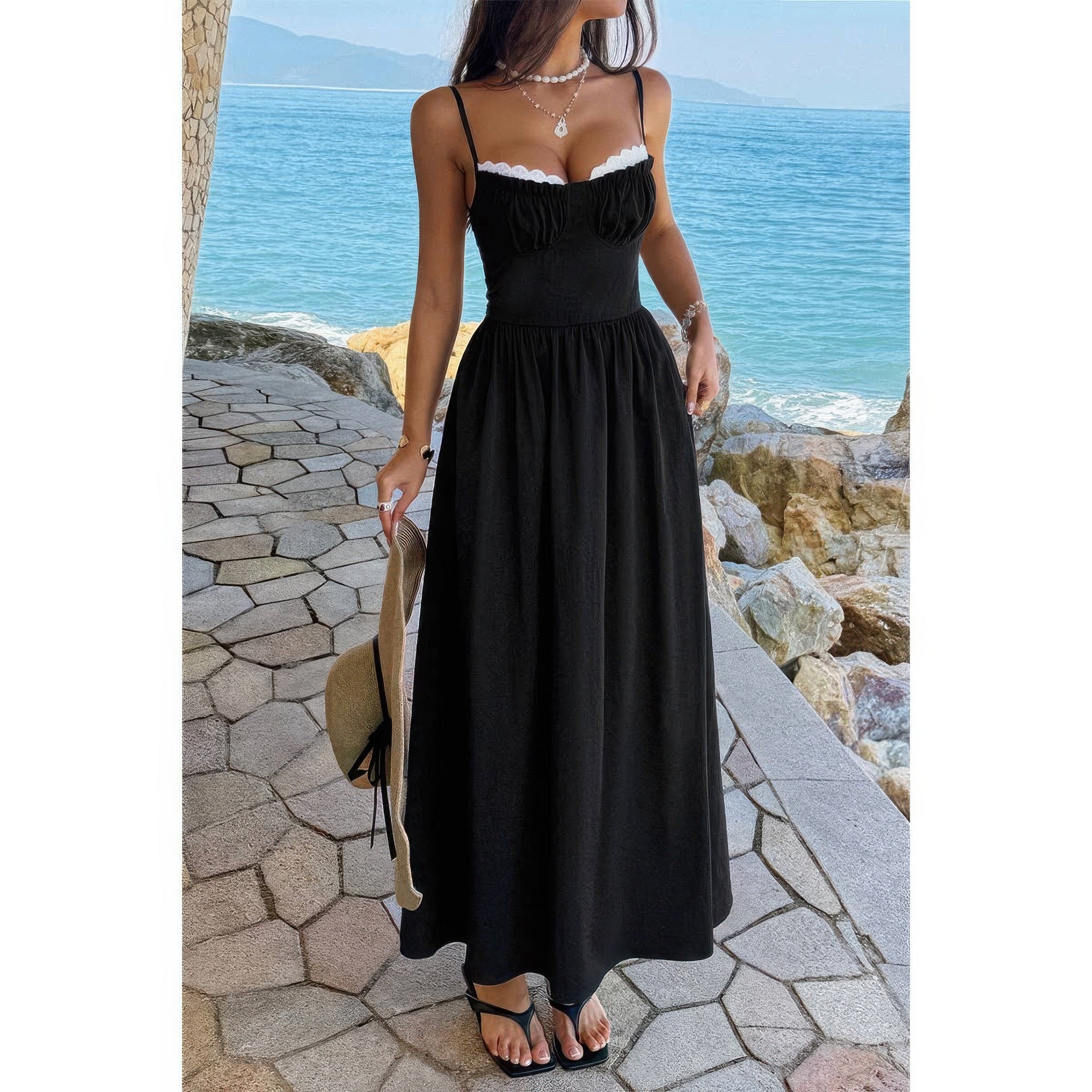 Contrast Color Lace Spaghetti Strap Long Dress Black view 2 (dress) - contrast color dress shirt, contr - shop at us.meeeshop