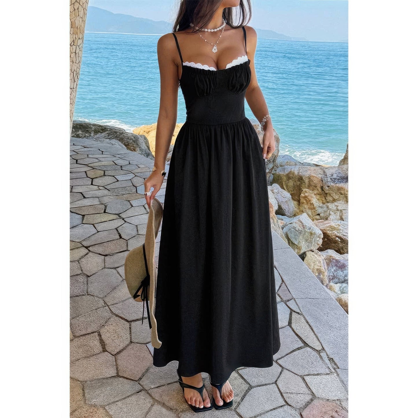 Contrast Color Lace Spaghetti Strap Long Dress in Black view 2 - Contrast Color Dress Shirt