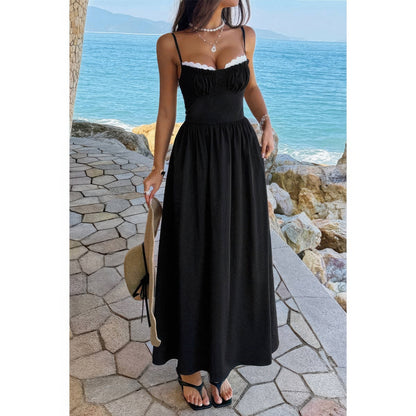 Contrast Color Lace Spaghetti Strap Long Dress in Black view 2 - Contrast Color Dress Shirt