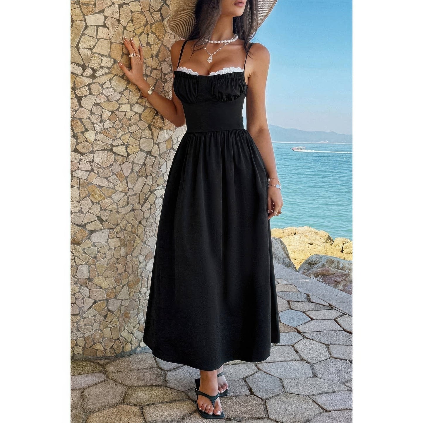 Contrast Color Lace Spaghetti Strap Long Dress in Black view 3 - Contrast Color Dress Shirt
