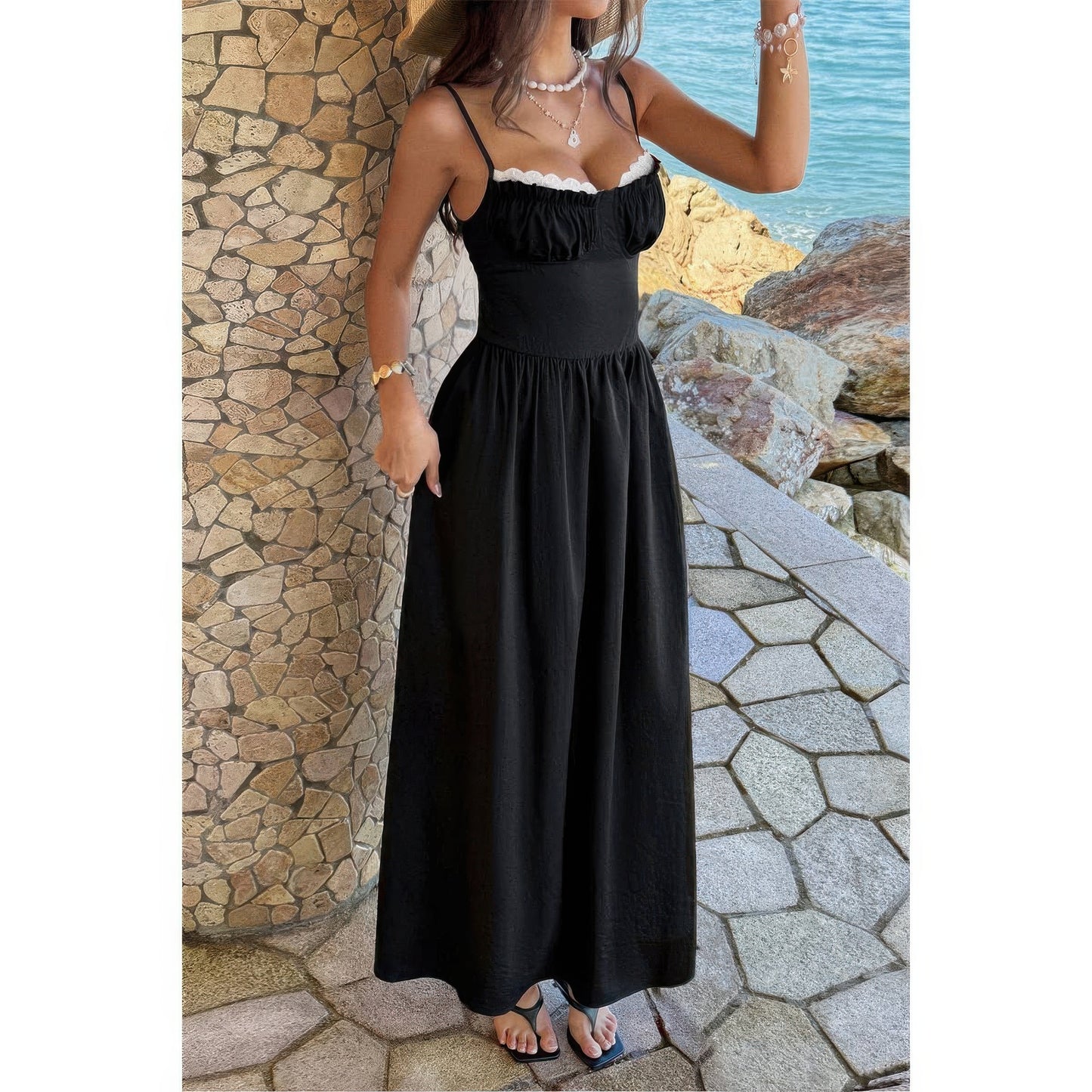 Contrast Color Lace Spaghetti Strap Long Dress in Black view 4 - Contrast Color Dress Shirt