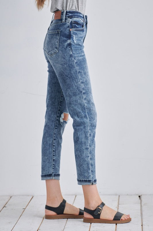 aubree high rise Aubree High Rise Stretch Distressed Mom Jeans view 22 (bottom) - shop at us.meeeshop