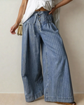 Cora Stripe Button Pleated Drawstring Waist Casual Wide Leg Jeans Sky Blue Stripe (bottom) - shop at us.meeeshop