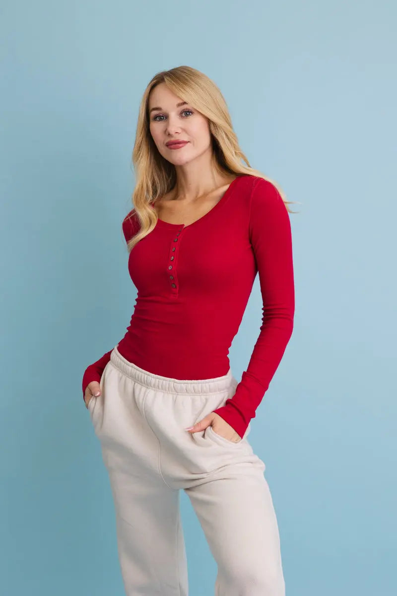 Cotton Long Sleeve Ribbed Henley Top with Buttons - MeeeShop Women's Fashion