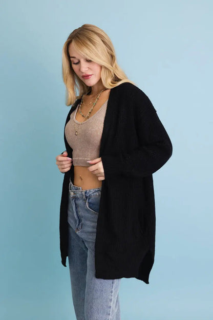 Cozy Open-front Waffle Knit Long Cardigan - Winter Staple ⛄ Top - MeeeShop Women's Fashion