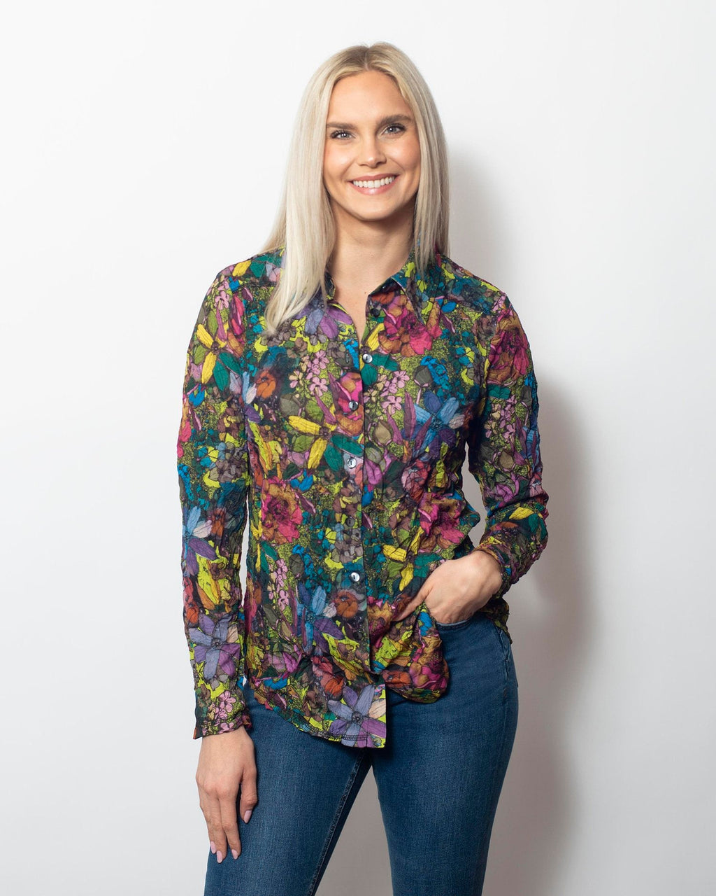 Crinkle Buttoned Longsleeve Shirt Bejeweled view 3 (top) - crinkle button shirt, crinkle collared shirt - shop at us.meeeshop