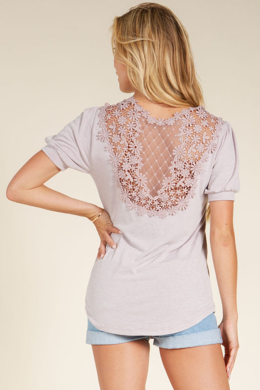 Crochet Lace Back Puff Sleeve Top in Lilac - Crochet Lace Top Pattern