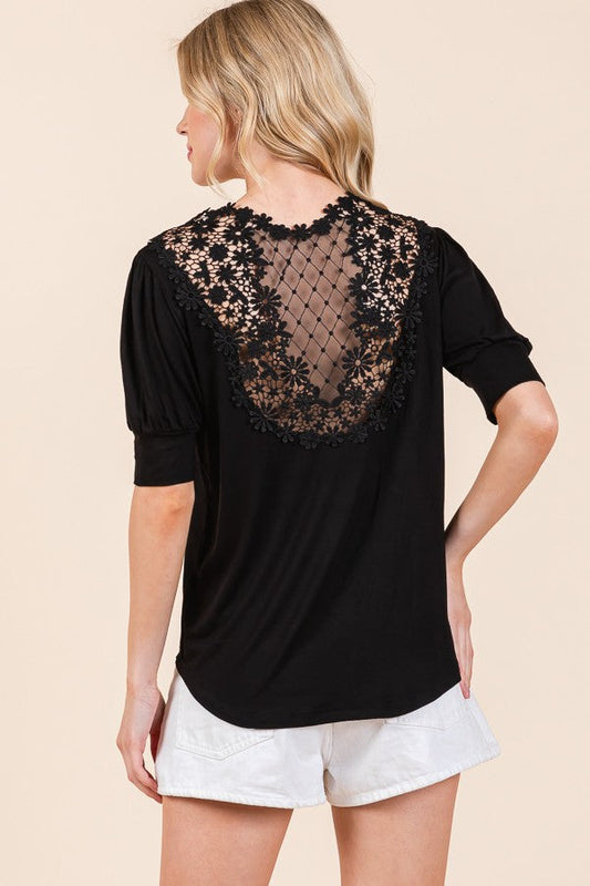 Crochet Lace Back Puff Sleeve Top in White view 2 - Crochet Lace Top Pattern