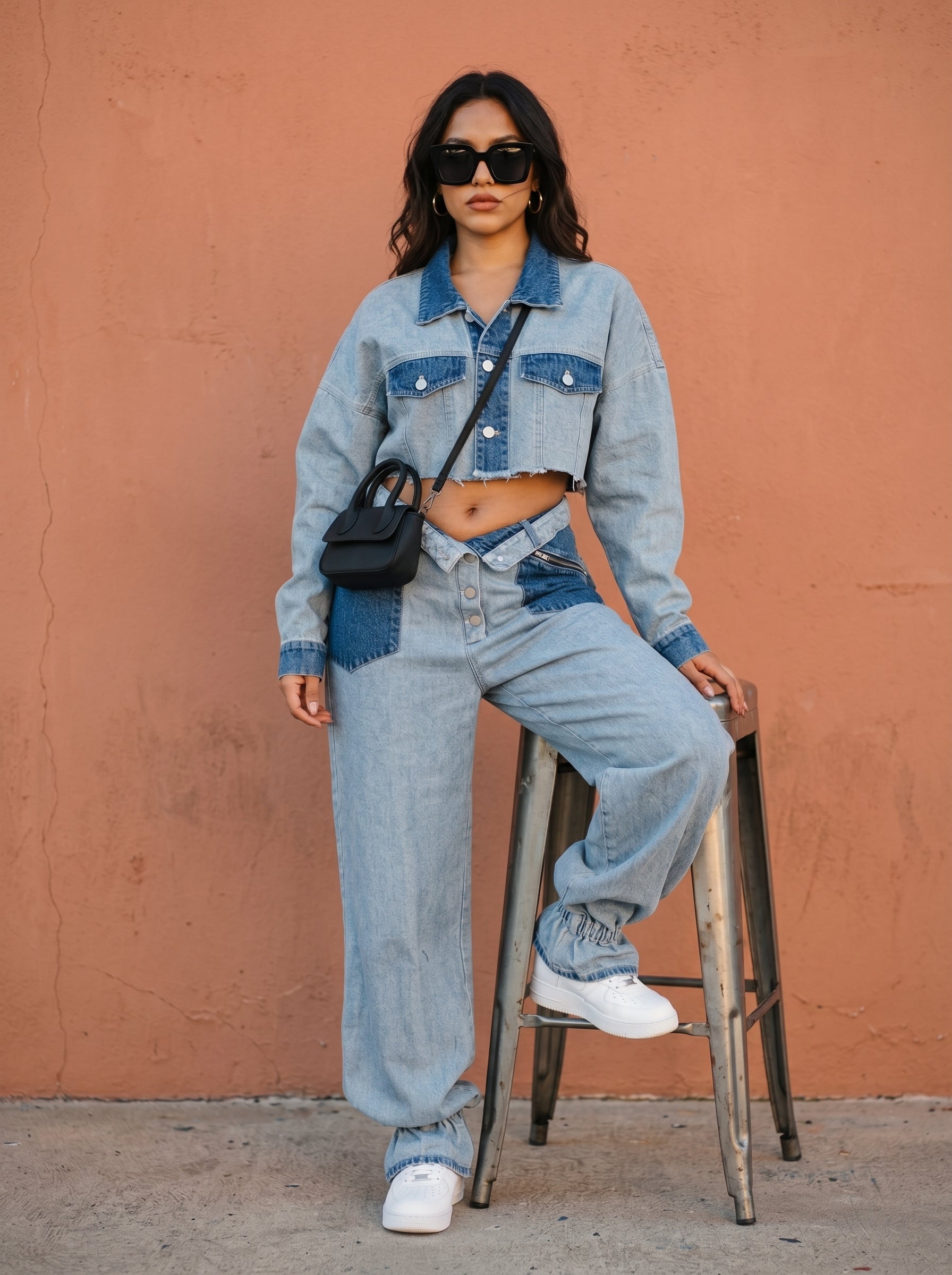 Cropped Contrast Denim Set in L view 3 - Contrast Short Set (bottom)