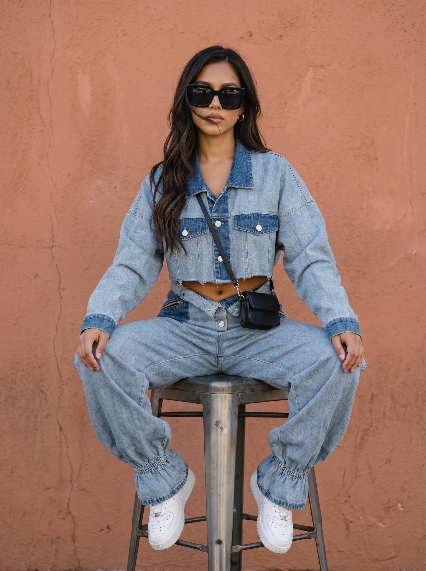 Cropped Contrast Denim Set in S - Contrast Short Set (bottom)