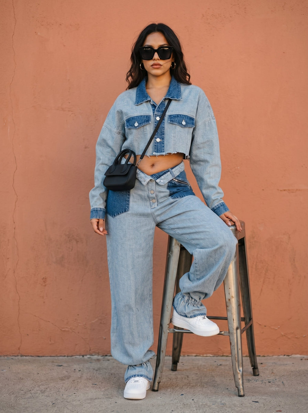 Cropped Contrast Denim Set L view 3 (piece) - contrast short set, camera contrast settings, cropped con - shop at us.meeeshop