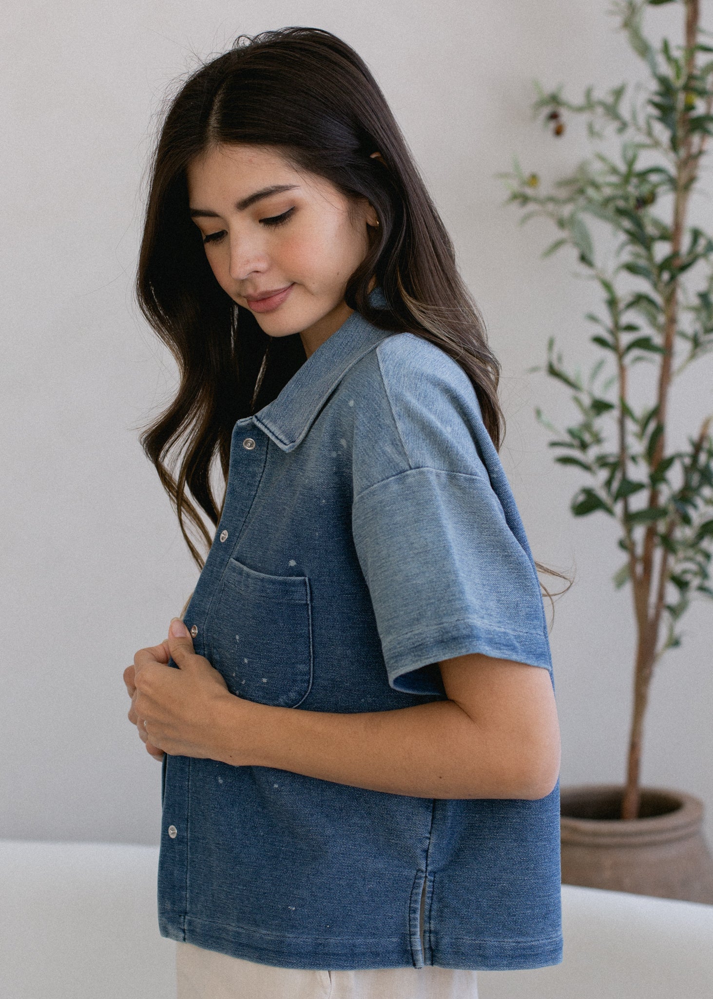 Cropped Short Sleeve Indigo Button Down in M view 5 - Short Cropped Down Jacket (bottom)