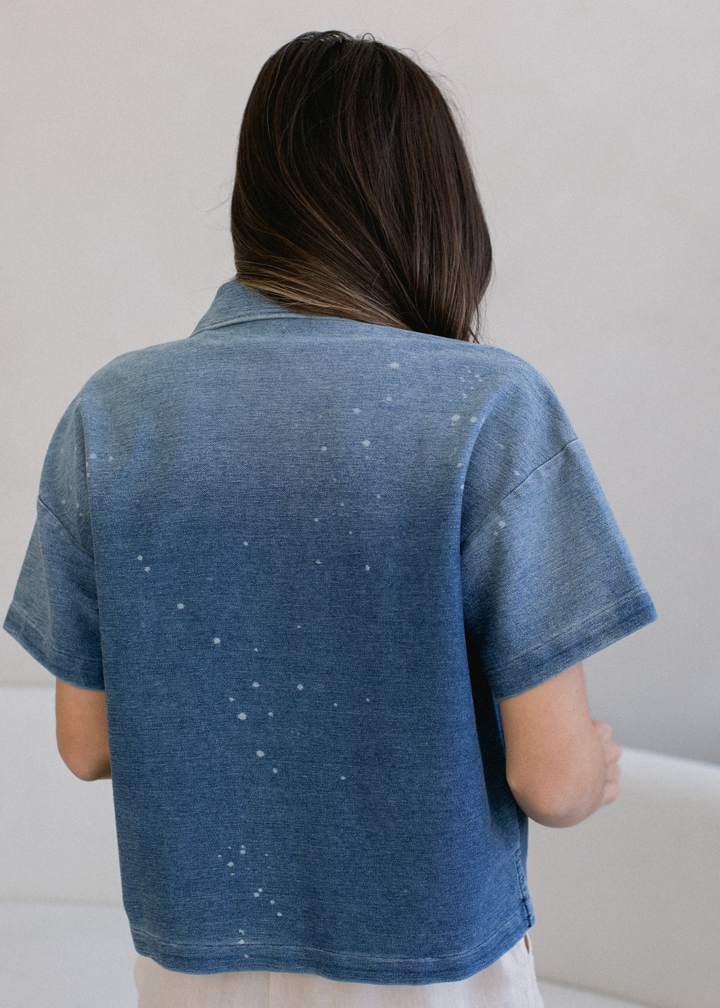 Cropped Short Sleeve Indigo Button Down in M view 6 - Short Cropped Down Jacket (bottom)