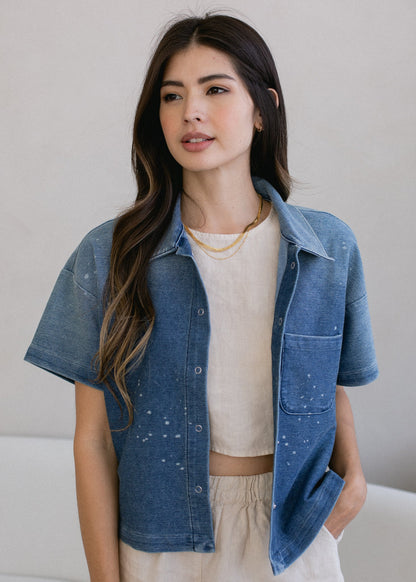 Cropped Short Sleeve Indigo Button Down in S view 4 - Short Cropped Down Jacket (bottom)