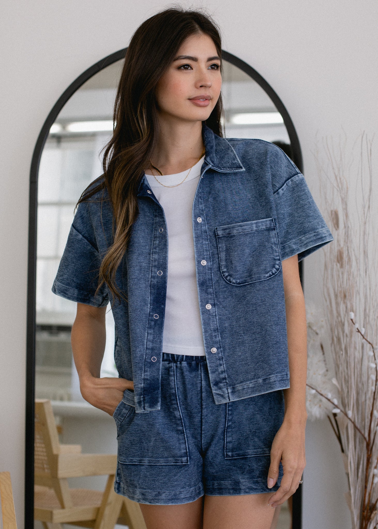 Cropped Short Sleeve Indigo Button Down in XS - Short Cropped Down Jacket (bottom)