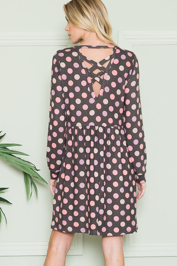 Cross Back Polka Dot Dress with Pockets in Blue Combo view 3 - Pol Dress