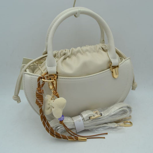Curved Top Handle Handbag with Drawstring Inner Pouch in Beige - Curved Top Handle Bag