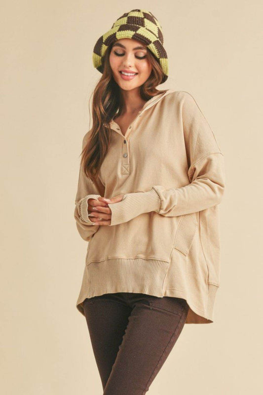 Aemi + Co Half Snap Dropped Shoulder Hoodie in Oatmeal - us.meeeshop