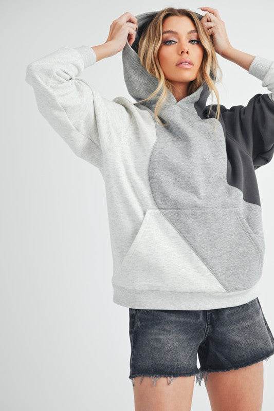 Aemi + Co Color Block Hoodie with Kangaroo Pocket in Gray - us.meeeshop