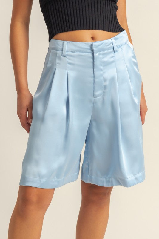 HYFVE High-Waist Pleated Satin Shorts in Pastel Blue - us.meeeshop