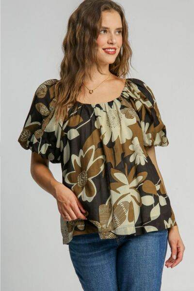 Umgee Print Round Neck Puff Sleeve Top Plus Size - us.meeeshop