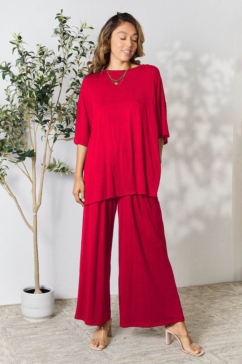 Double Take Full Size Round Neck Slit Top and Pants Set - us.meeeshop