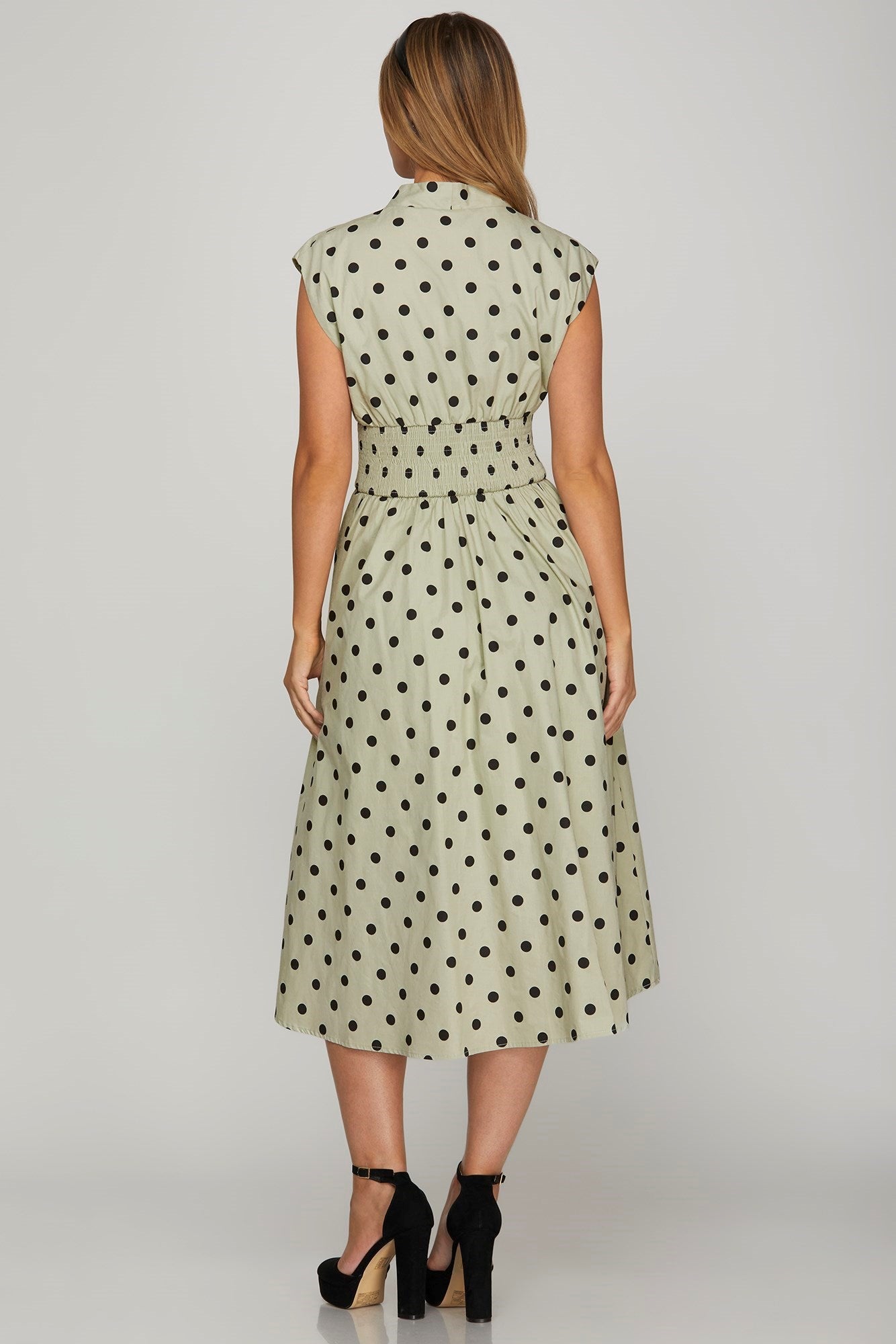 She + Sky Front Zip Polka Dots Cap Sleeve Midi Dress - us.meeeshop