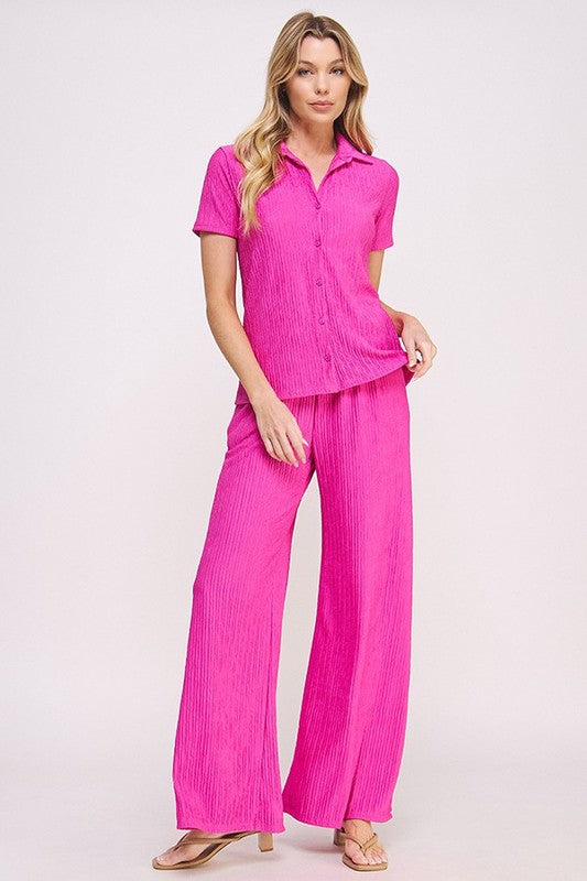 Textured Short Slv Button Down/wide Leg Pants Set (women's outfit sets) view 17 - shop at us.meeeshop