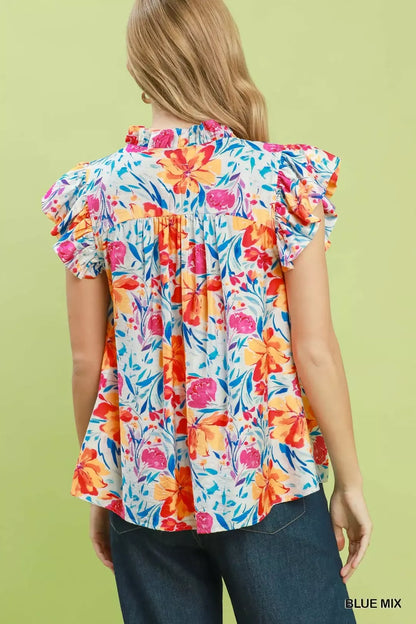 umgee smocked yoke Umgee Smocked Yoke Ruffle Sleeve Floral Blouse view 3 (top) - shop at us.meeeshop