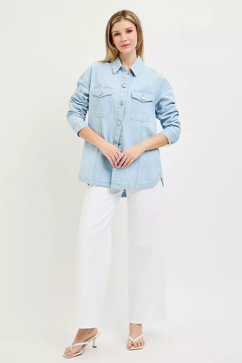 risen oversized stripe Risen Oversized Stripe Denim Shaket view 6 (piece) - shop at us.meeeshop