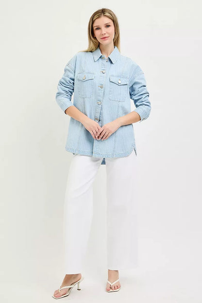 risen oversized stripe Risen Oversized Stripe Denim Shaket view 6 (piece) - shop at us.meeeshop