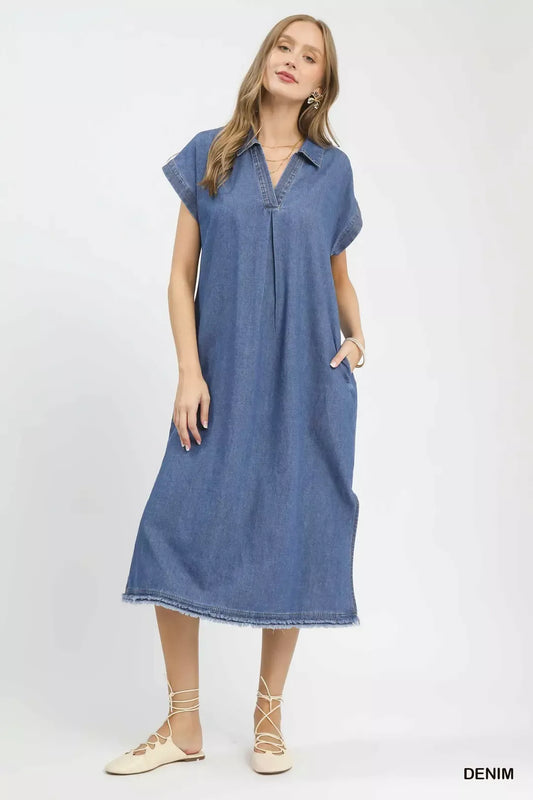 Umgee Stone Washed Collared Denim Midi Dress (women's dresses) - shop at us.meeeshop