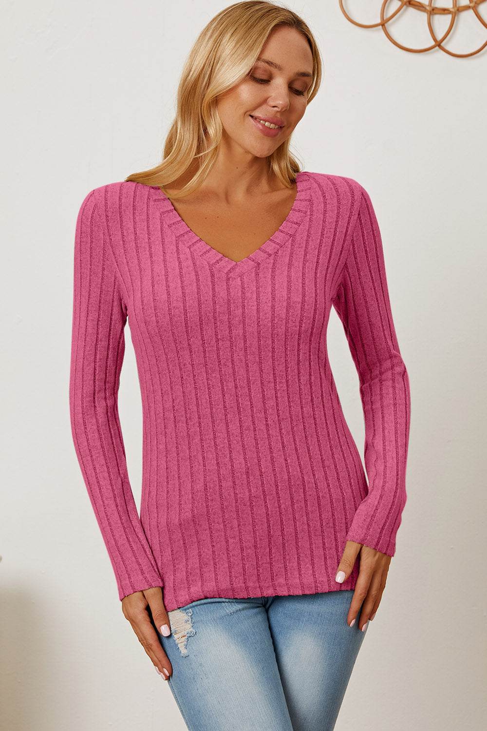 Basic Bae Ribbed V-Neck Long Sleeve T-Shirt - us.meeeshop