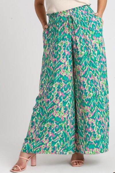 Umgee Mixed Print High Waist Wide Leg Pants Plus Size - us.meeeshop