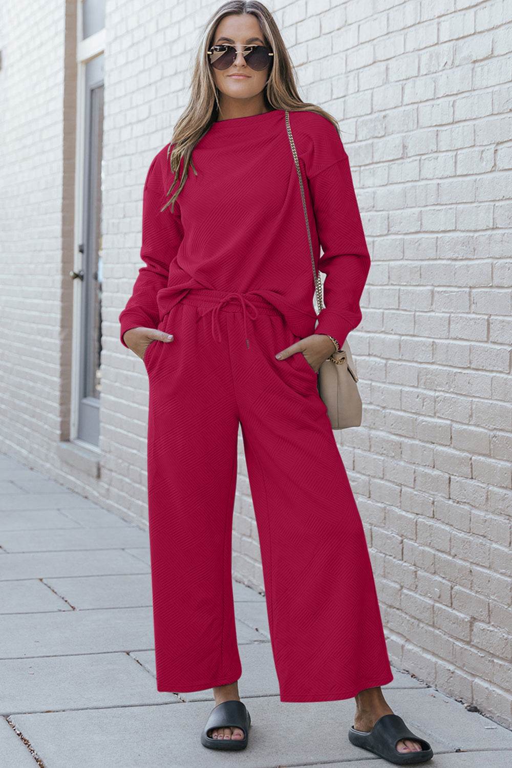 Textured Long Sleeve Top and Drawstring Pants Set | us.meeeshop