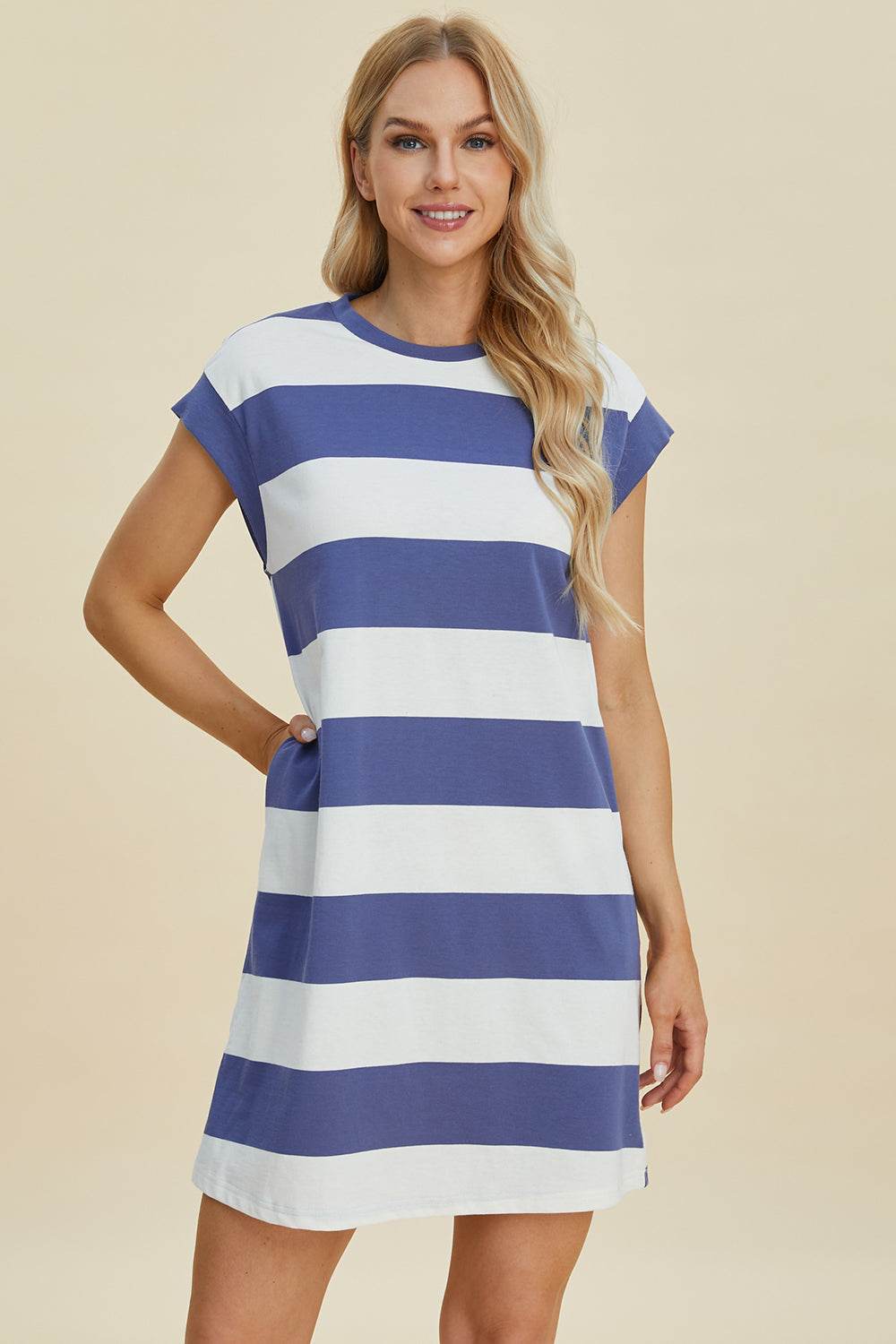 Basic Bae Full Size Striped Round Neck Cap Sleeve Mini Dress - us.meeeshop