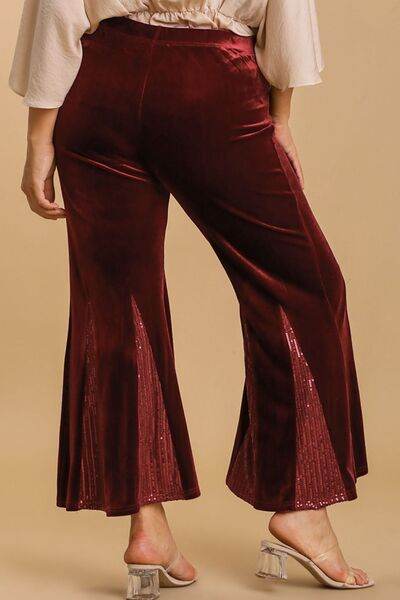 Umgee Sequin Elastic Waist Velvet Stretch Flare Leg Pants Plus Size - us.meeeshop