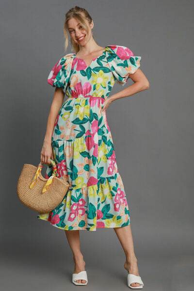 Umgee Tiered Floral Print Notched Puff Sleeve Midi Dress Plus Size - us.meeeshop