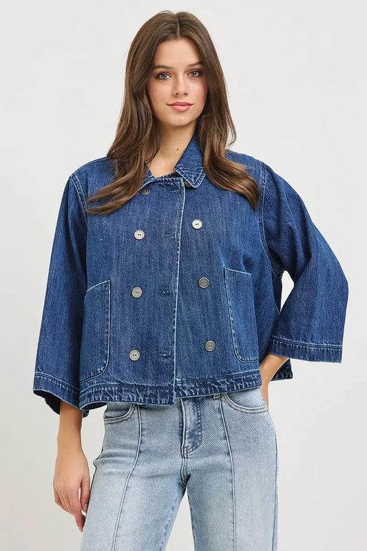 risen double breasted RISEN Double-breasted Flowy Cropped Denim Jacket DARK (layer) - shop at us.meeeshop