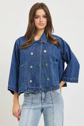 RISEN Double-breasted Flowy Cropped Denim Jacket