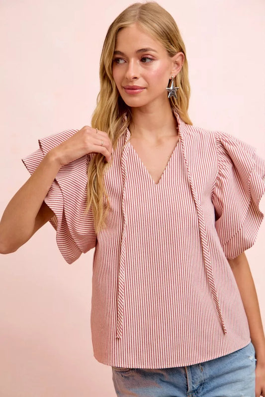 bibi twill striped Bibi Twill Striped Ruffle Sleeve Blouse view 2 (top) - shop at us.meeeshop