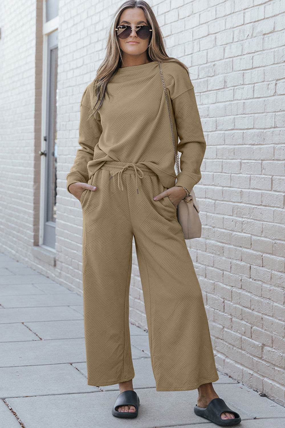 Double Take Full Size Textured Long Sleeve Top and Drawstring Pants Set - us.meeeshop