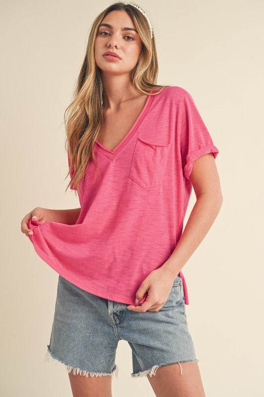 Aemi + Co Side Slit V-Neck Short Rolled Sleeve T-Shirt in Hot Pink - us.meeeshop