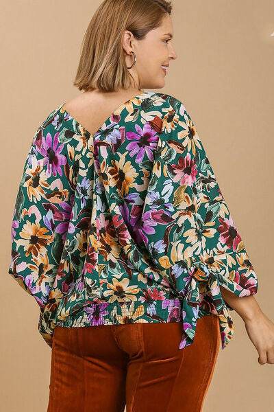 Umgee Floral V-Neck Tie Sleeve Blouse Plus Size - us.meeeshop