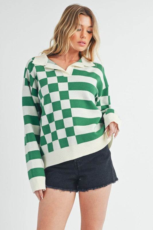 Aemi + Co Striped & Checkered Drop Shoulder Sweater - us.meeeshop