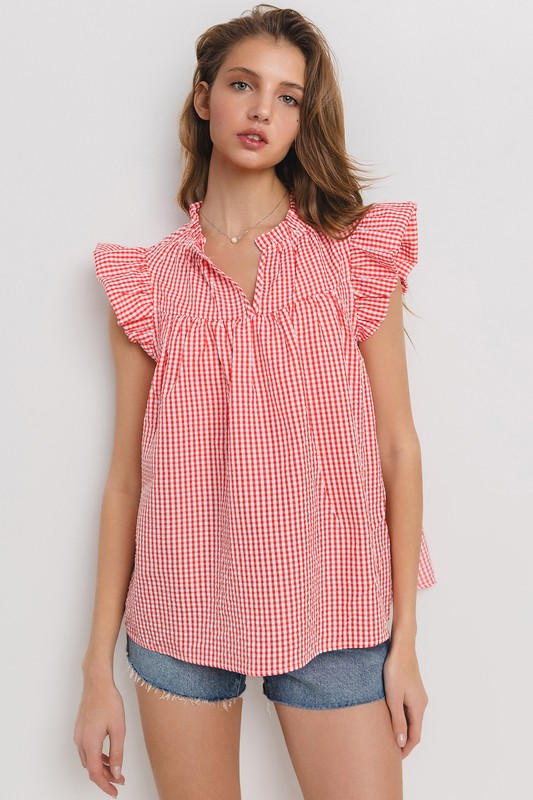 Ces Femme Plaid Notched Ruffled Cap Sleeve Blouse - us.meeeshop